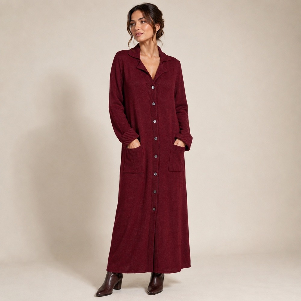 Valerie Stevens Sweater Dress Women L Burgundy Merino Wool Maxi Cardigan Duster